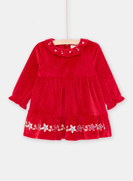 DPAM Βρεφικό Μακρυμάνικο Φόρεμα για Κορίτσια Red Velour Flowers - ΚΟΚΚΙΝΟ